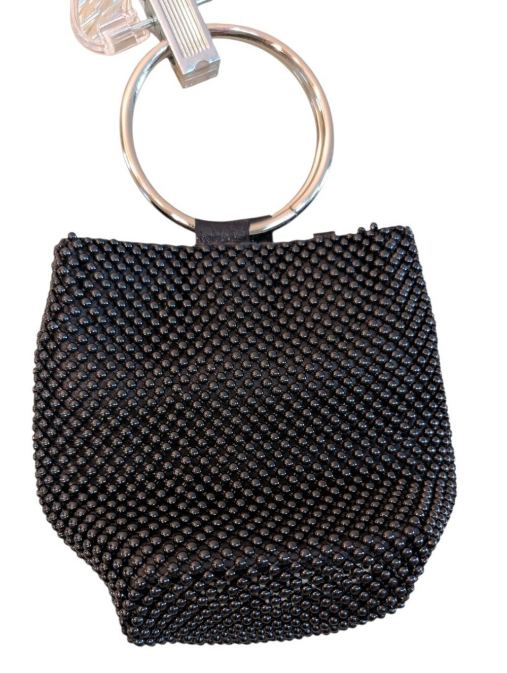 nwt Jessica McClintock Gwen Black Ball Mesh Ring Wristlet Pouch Clutch Bag
